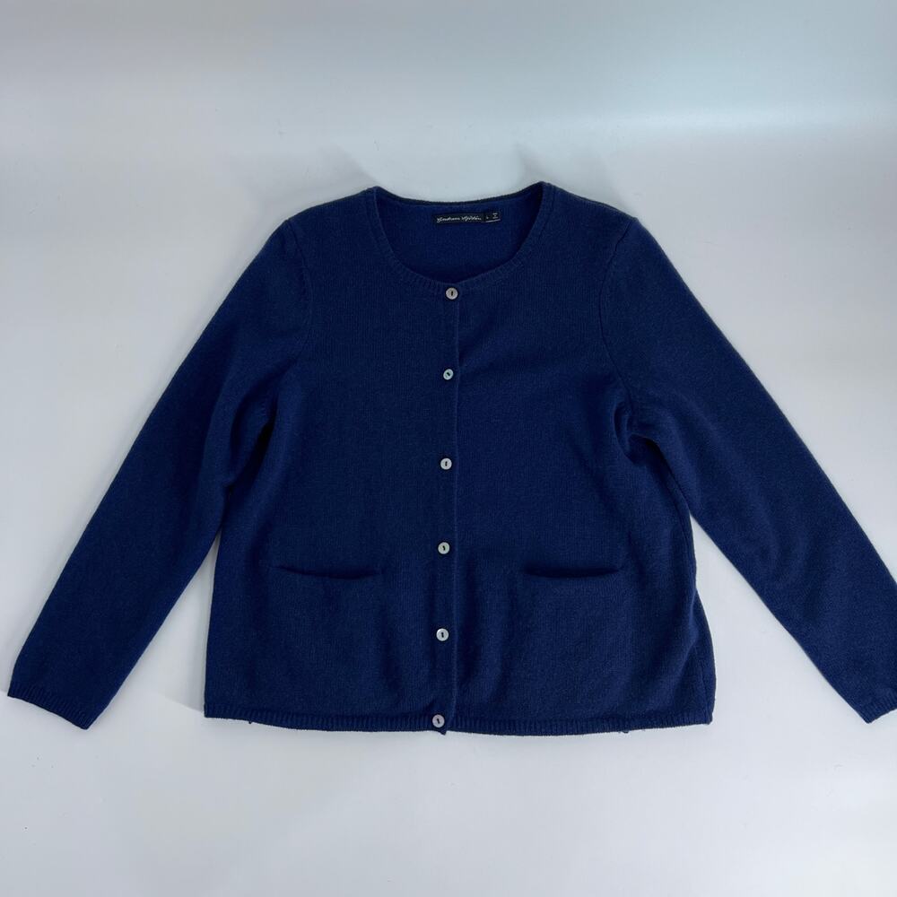 Gudrun Sjorden 100% Wool Button Cardigan Women Large Navy Blue Pockets Crew Neck - Picture 3 of 8